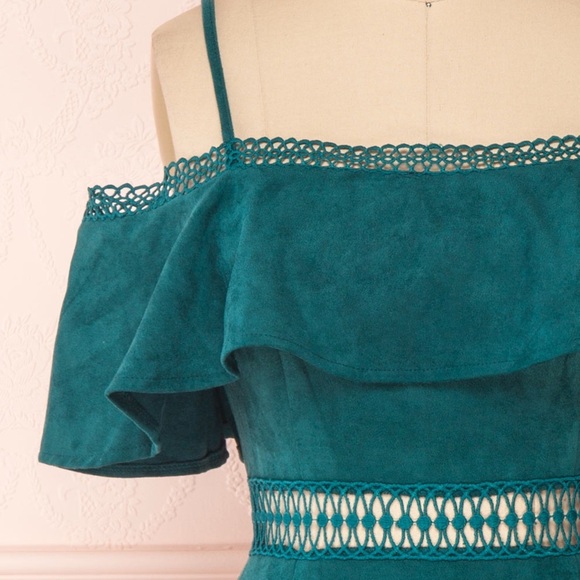 Flying Tomato Off Shoulder Crochet Mini Faux Suede Green Dress, Large - Picture 3 of 10